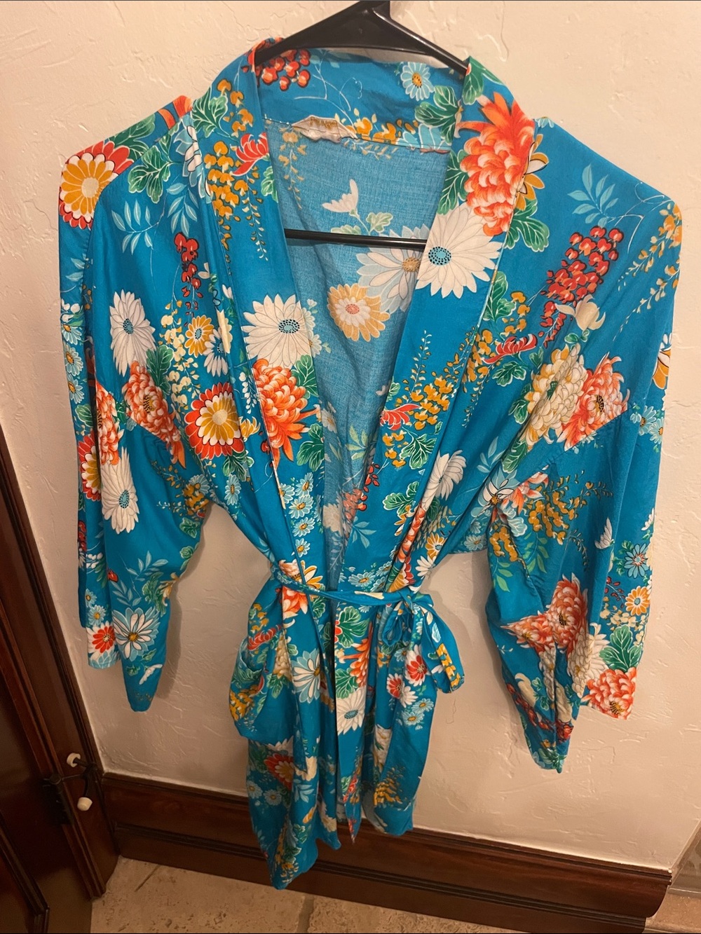 Bright Teal Vintage Floral Kimono made in Japan